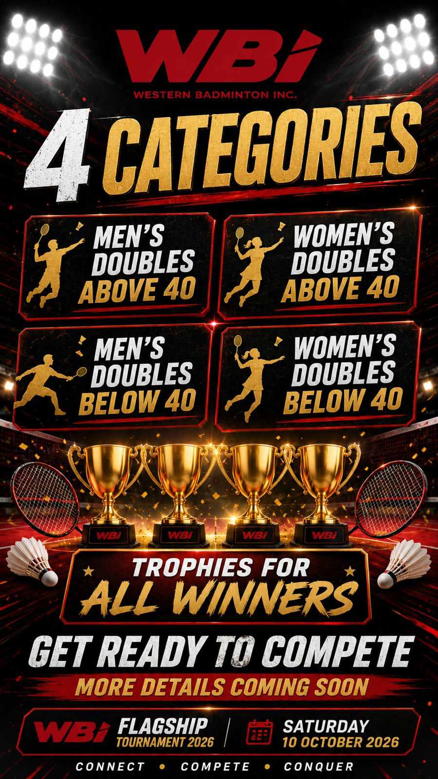 Four categories: men's and women's doubles above 40 and below 40