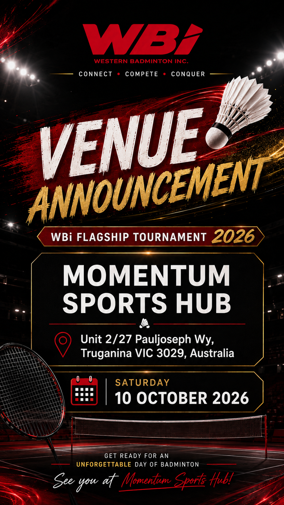 WBi Flagship Tournament 2026 venue announcement for Momentum Sports Hub in Truganina